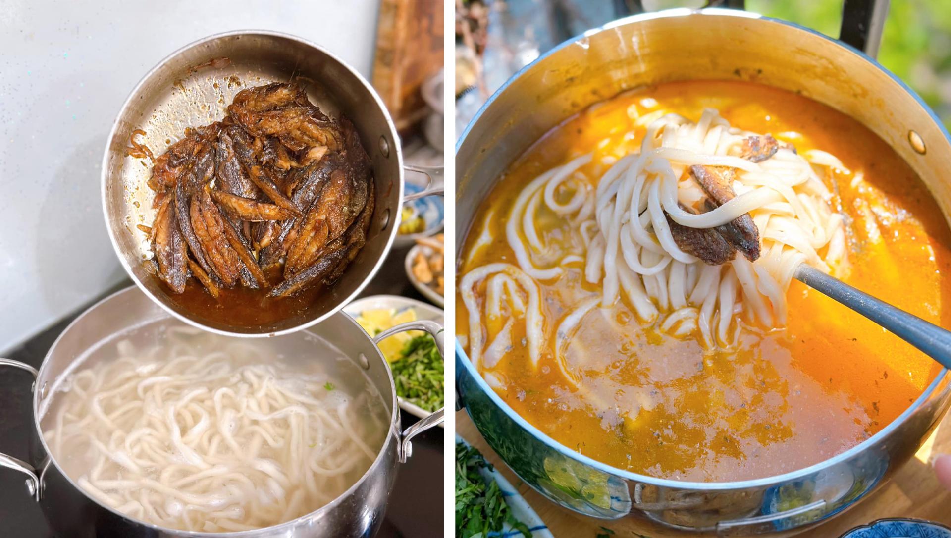 Cho cá đã rim vào nồi bánh canh